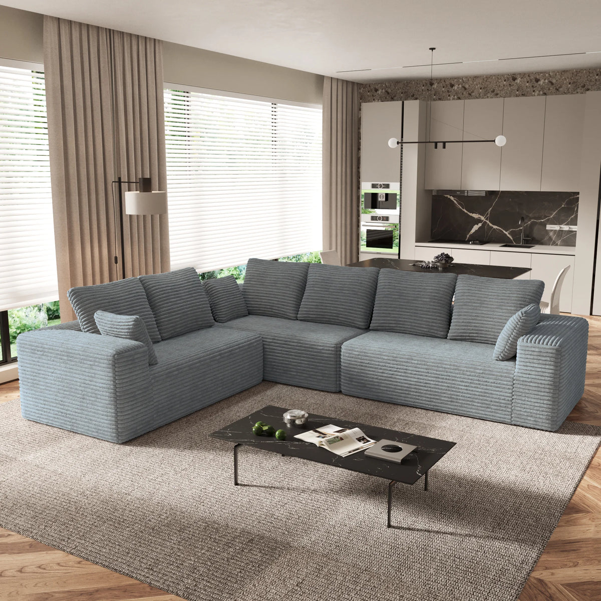 Seccionales modulares Matrix de 6 asientos en forma de L gris claro | 3 piezas, tela de pana, diseño compacto