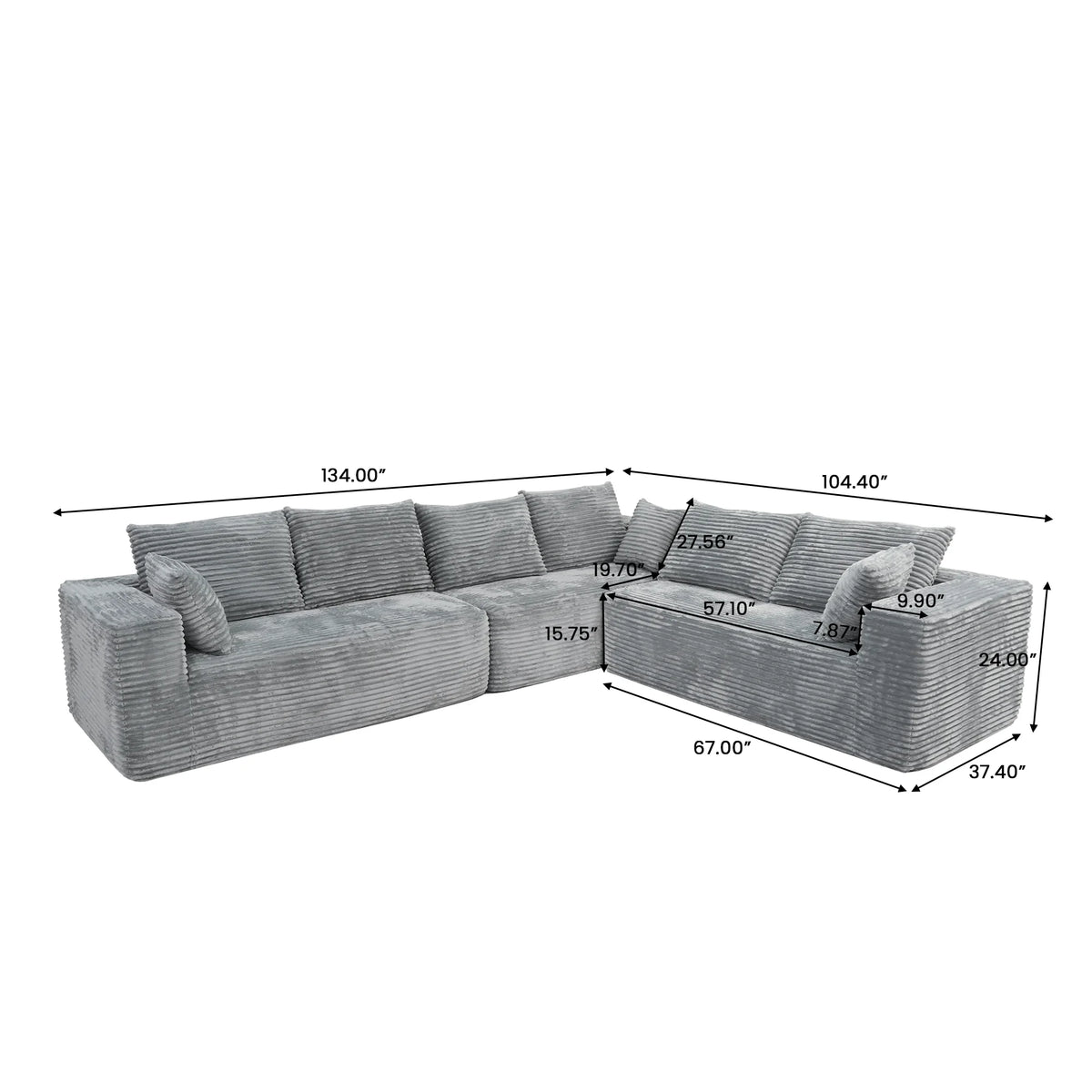 Seccionales modulares Matrix de 6 asientos en forma de L gris claro | 3 piezas, tela de pana, espacio pequeño