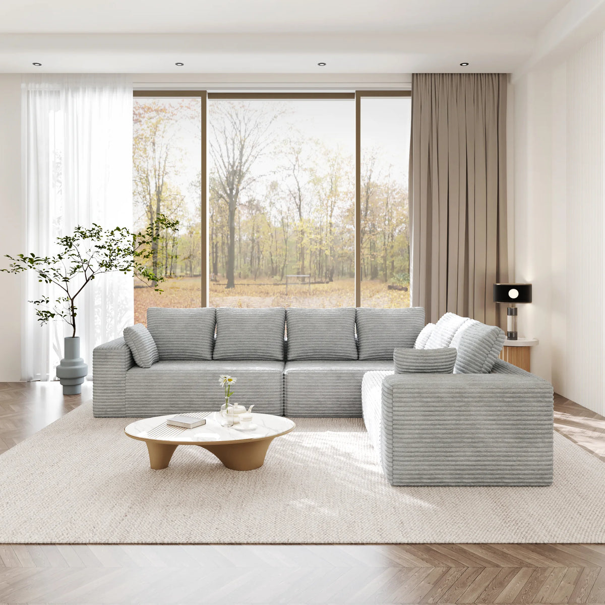 Seccionales modulares Matrix de 6 asientos en forma de L gris claro | 3 piezas, tela de pana, espacio pequeño