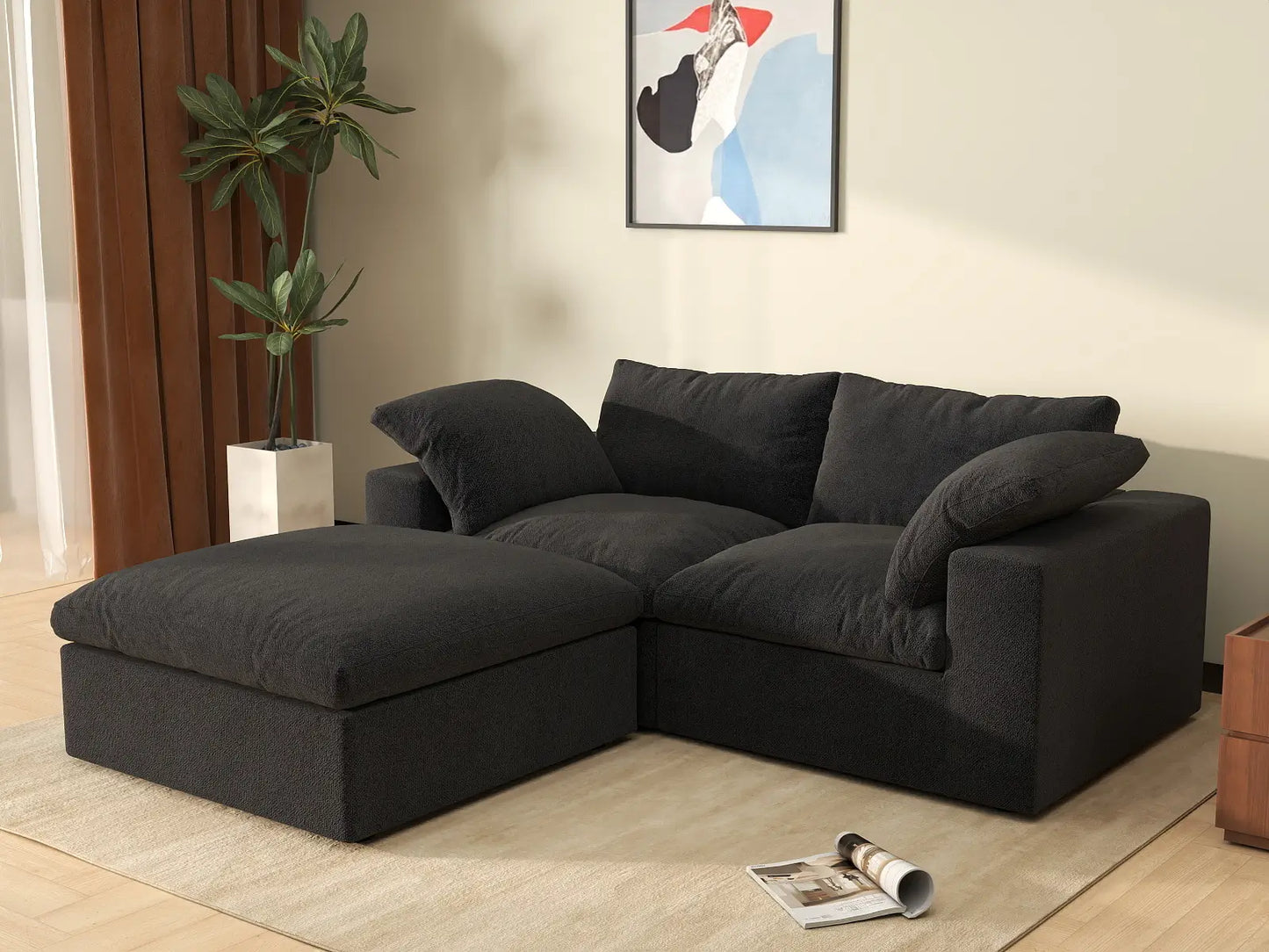 3 Piece Cotton and Linen Black Chaise Sectionals 80 Removable _ Washable Covers 2 Seater_1