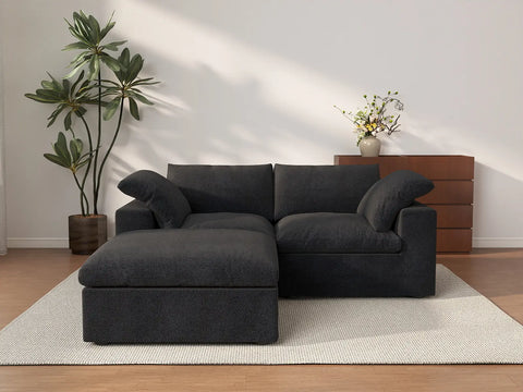 Deluxe Cloud 2-Seater Black Storage Chaise Sectional | 3-Piece (includes 1 Ottoman), Cotton and Linen Fabric, Washable Covers