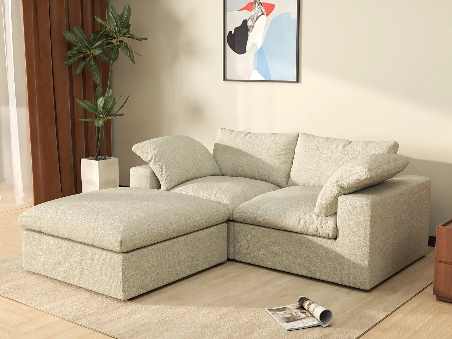 3 Piece Cotton and Linen Khaki Chaise Sectionals 80 Cloud Like Comfort 2 Seater_1