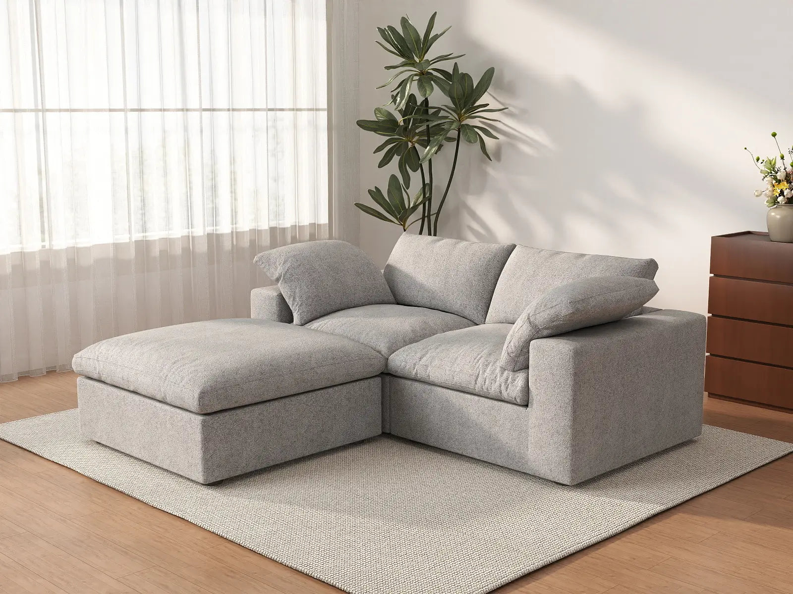 3 Piece Cotton and Linen Light Grey Chaise Sectionals 80 Flexible Armrest Pillows 2 Seater_3