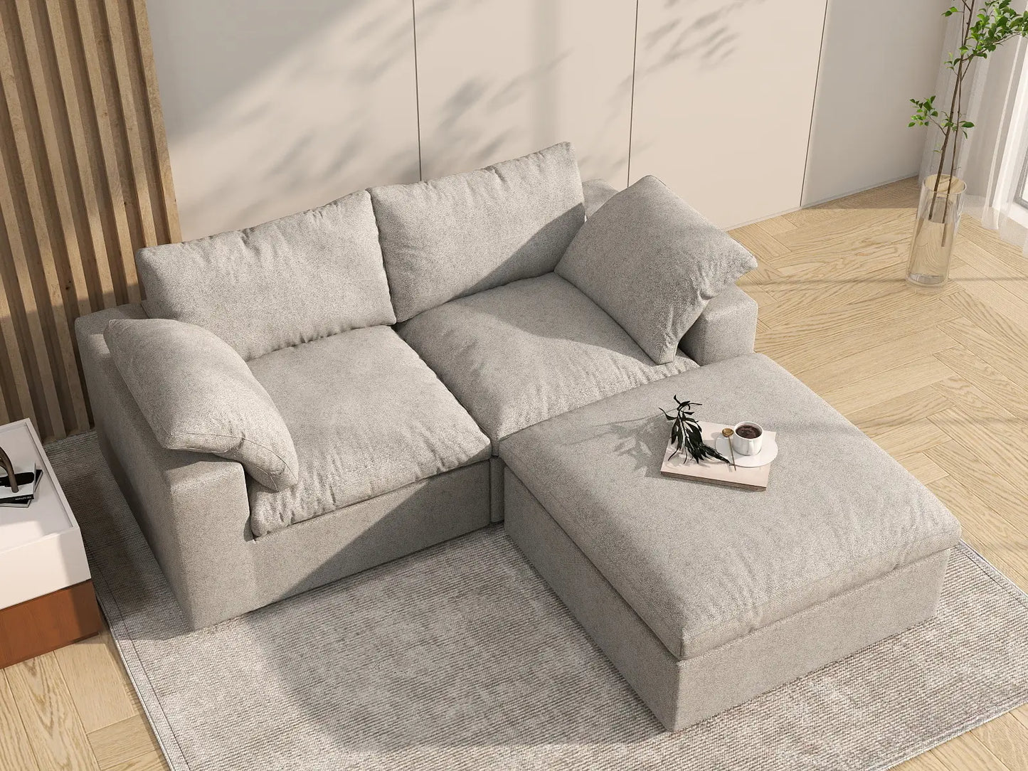 3 Piece Cotton and Linen Light Grey Chaise Sectionals 80 Flexible Armrest Pillows 2 Seater_8