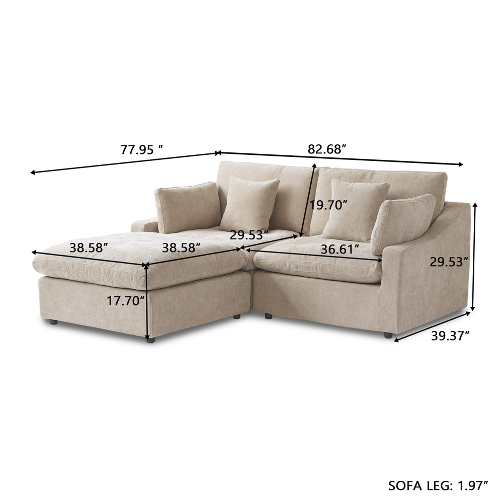 Deluxe Slope Cloud Sectional Sofas | 3-Piece Linen Khaki Chaise Sectionals 2-Seater With 1 Ottoman