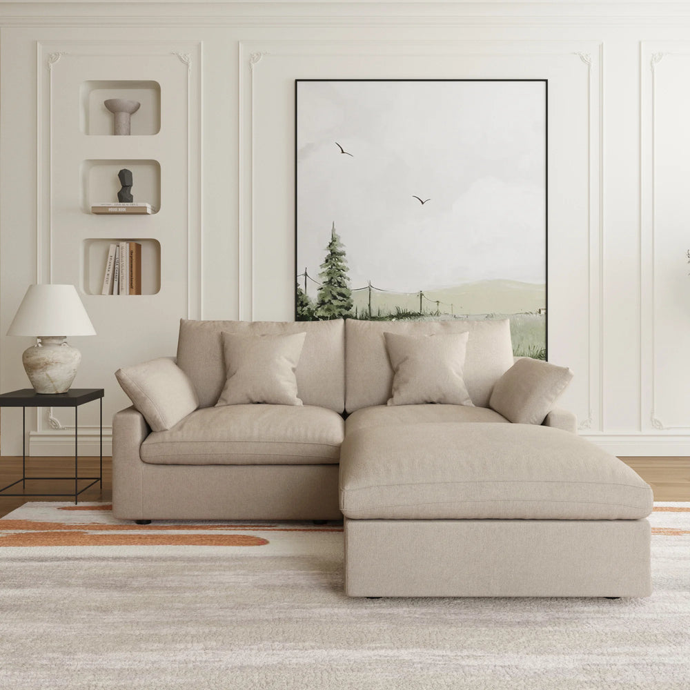 Deluxe Slope Cloud Sectional Sofas | 3-Piece Linen Khaki Chaise Sectionals 2-Seater With 1 Ottoman