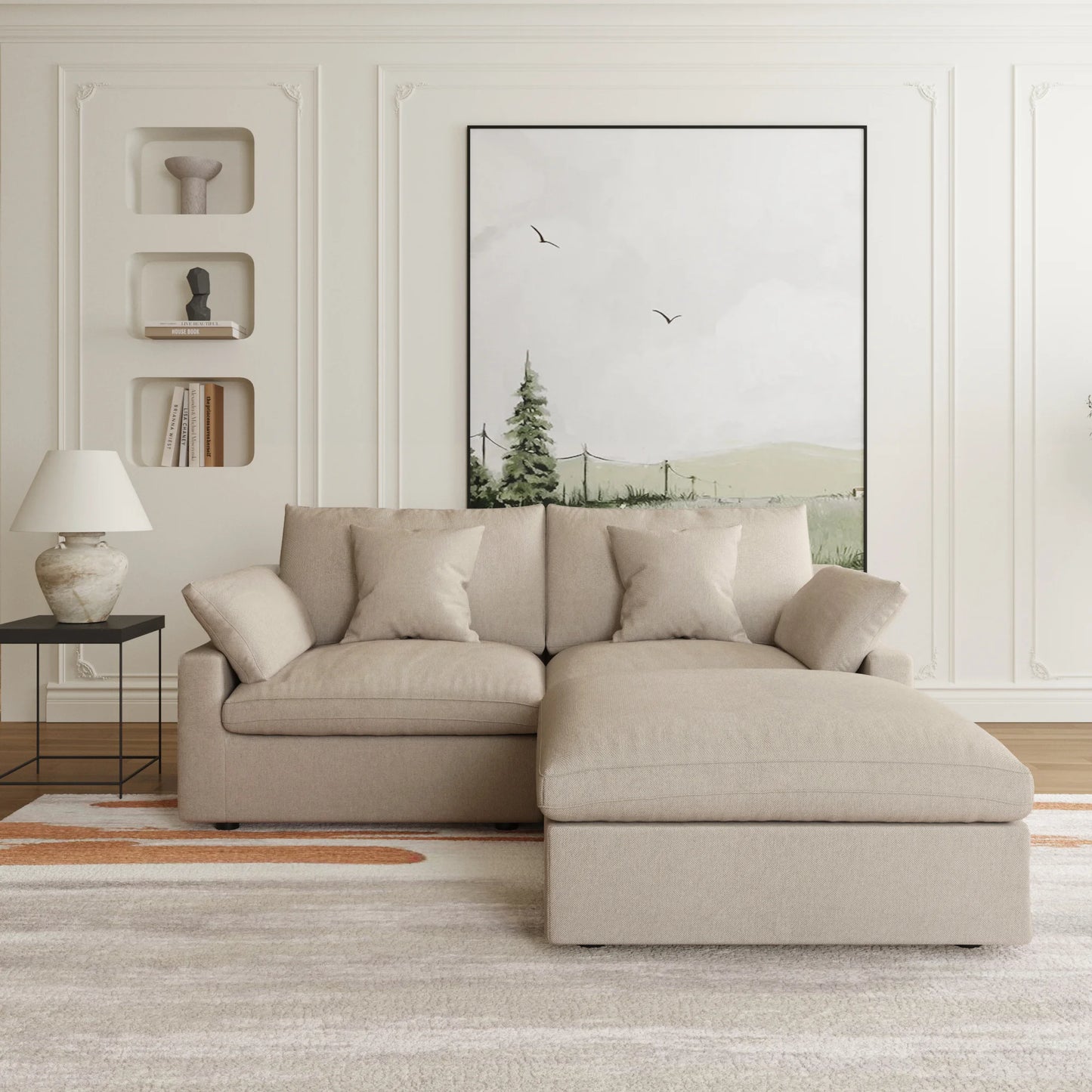 Deluxe Slope Cloud Sectional Sofas | 3-Piece Linen Khaki Chaise Sectionals 2-Seater With 1 Ottoman