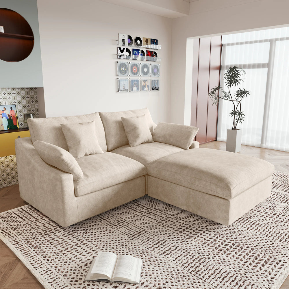 Deluxe Slope Cloud Sectional Sofas | 3-Piece Linen Khaki Chaise Sectionals 2-Seater With 1 Ottoman