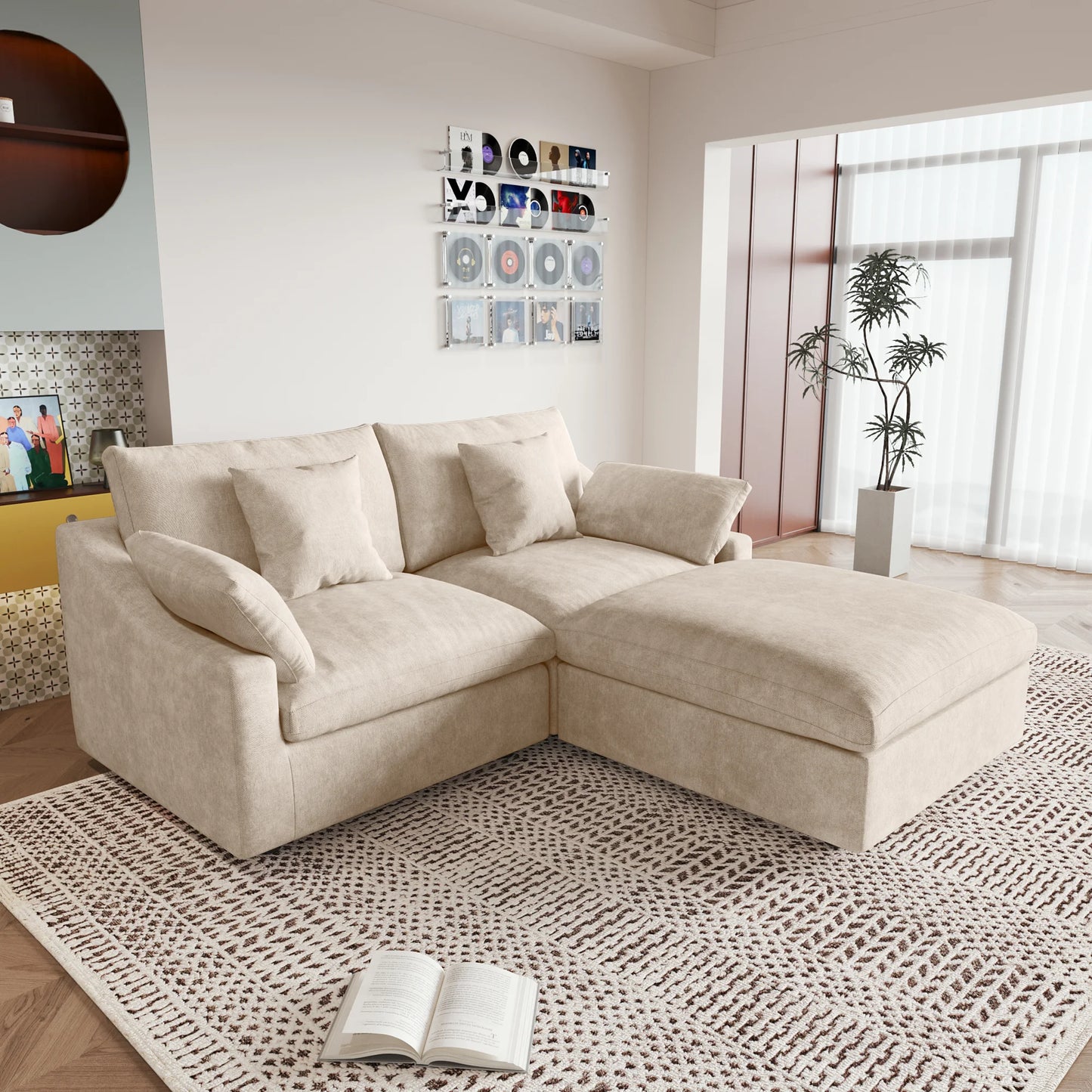 Deluxe Slope Cloud Sectional Sofas | 3-Piece Linen Khaki Chaise Sectionals 2-Seater With 1 Ottoman