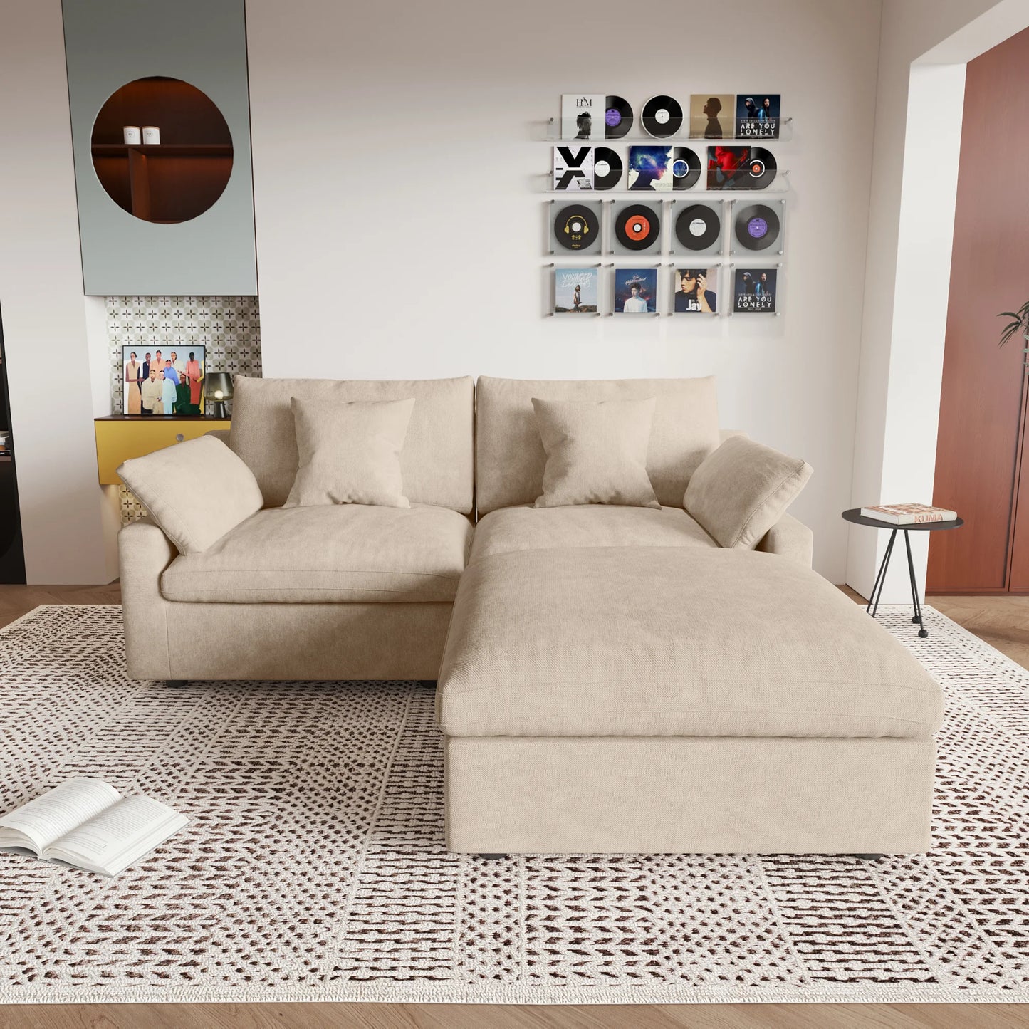 Deluxe Slope Cloud Sectional Sofas | 3-Piece Linen Khaki Chaise Sectionals 2-Seater With 1 Ottoman