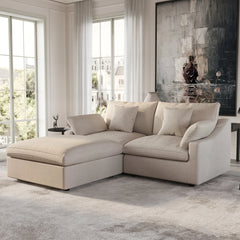 Deluxe Slope Cloud Sectional Sofas | 3-Piece Linen Khaki Chaise Sectionals 2-Seater With 1 Ottoman