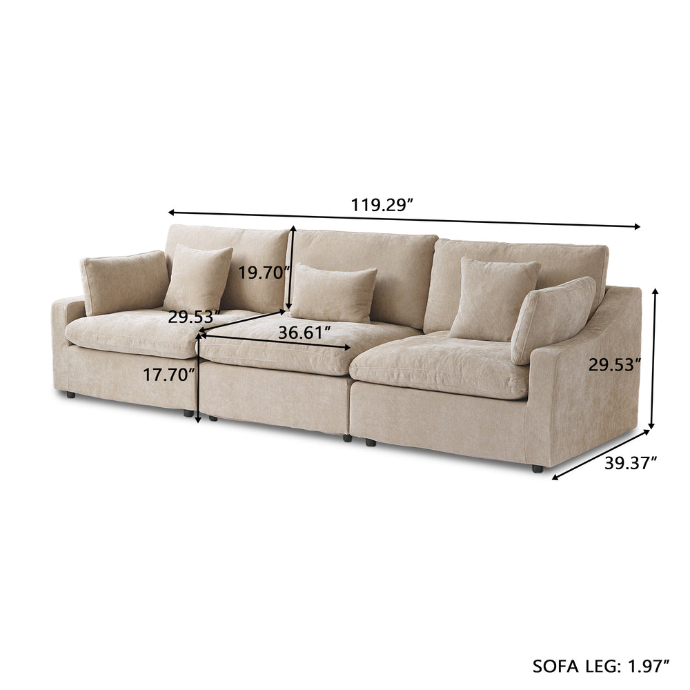 Deluxe Slope Cloud Sectional Sofas | 3-Piece Linen Khaki Couch Sectionals 3-Seater