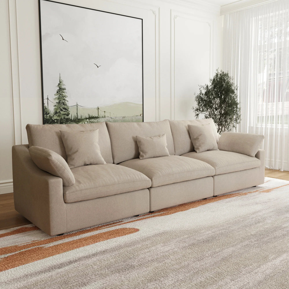 Deluxe Slope Cloud Sectional Sofas | 3-Piece Linen Khaki Couch Sectionals 3-Seater