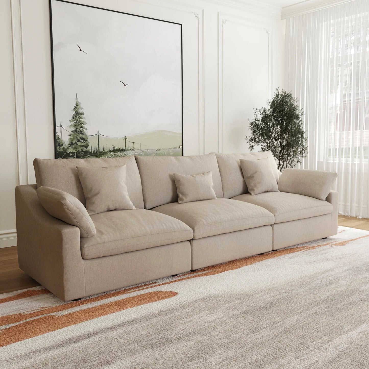 Deluxe Slope Cloud Sectional Sofas | 3-Piece Linen Khaki Couch Sectionals 3-Seater