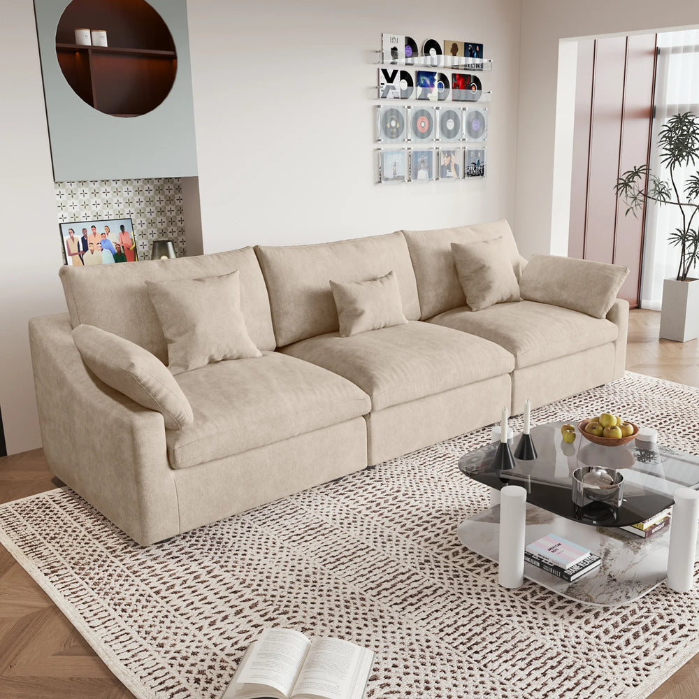 Deluxe Slope Cloud Sectional Sofas | 3-Piece Linen Khaki Couch Sectionals 3-Seater