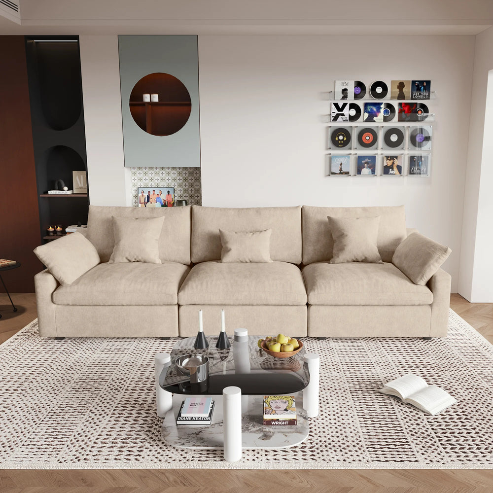 Deluxe Slope Cloud Sectional Sofas | 3-Piece Linen Khaki Couch Sectionals 3-Seater