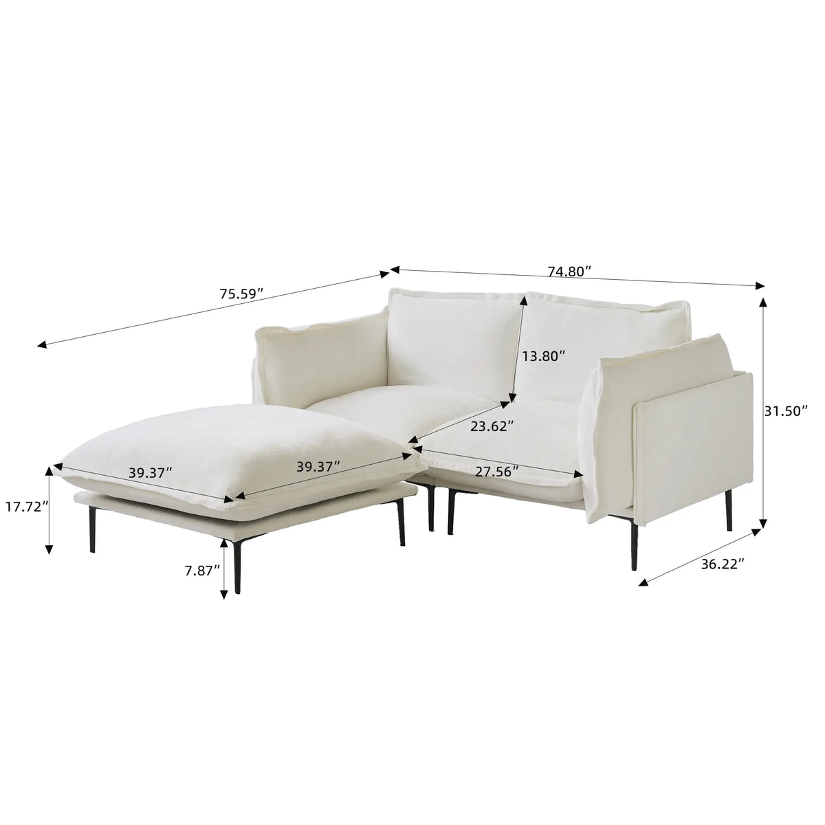 Sofá modular seccional de lujo Cloud de 2 plazas color beige con chaise longue | 3 piezas (incluye 1 otomana), tela de terciopelo, ideal para espacios pequeños.