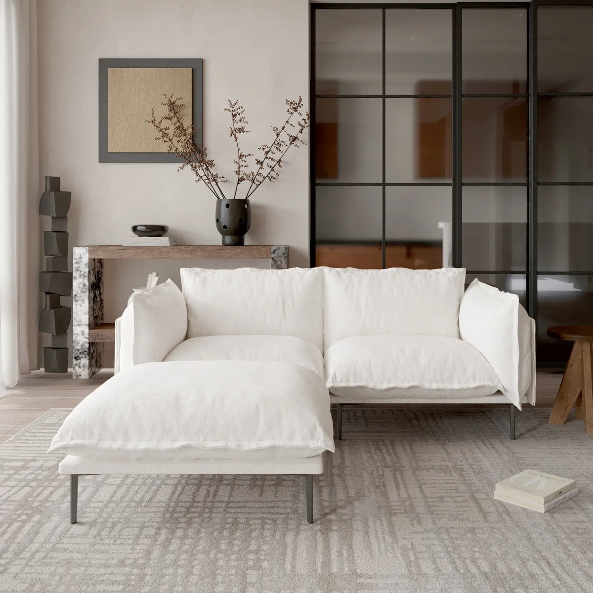 Sofá modular seccional de lujo Cloud de 2 plazas color beige con chaise longue | 3 piezas (incluye 1 otomana), tela de terciopelo, ideal para espacios pequeños.