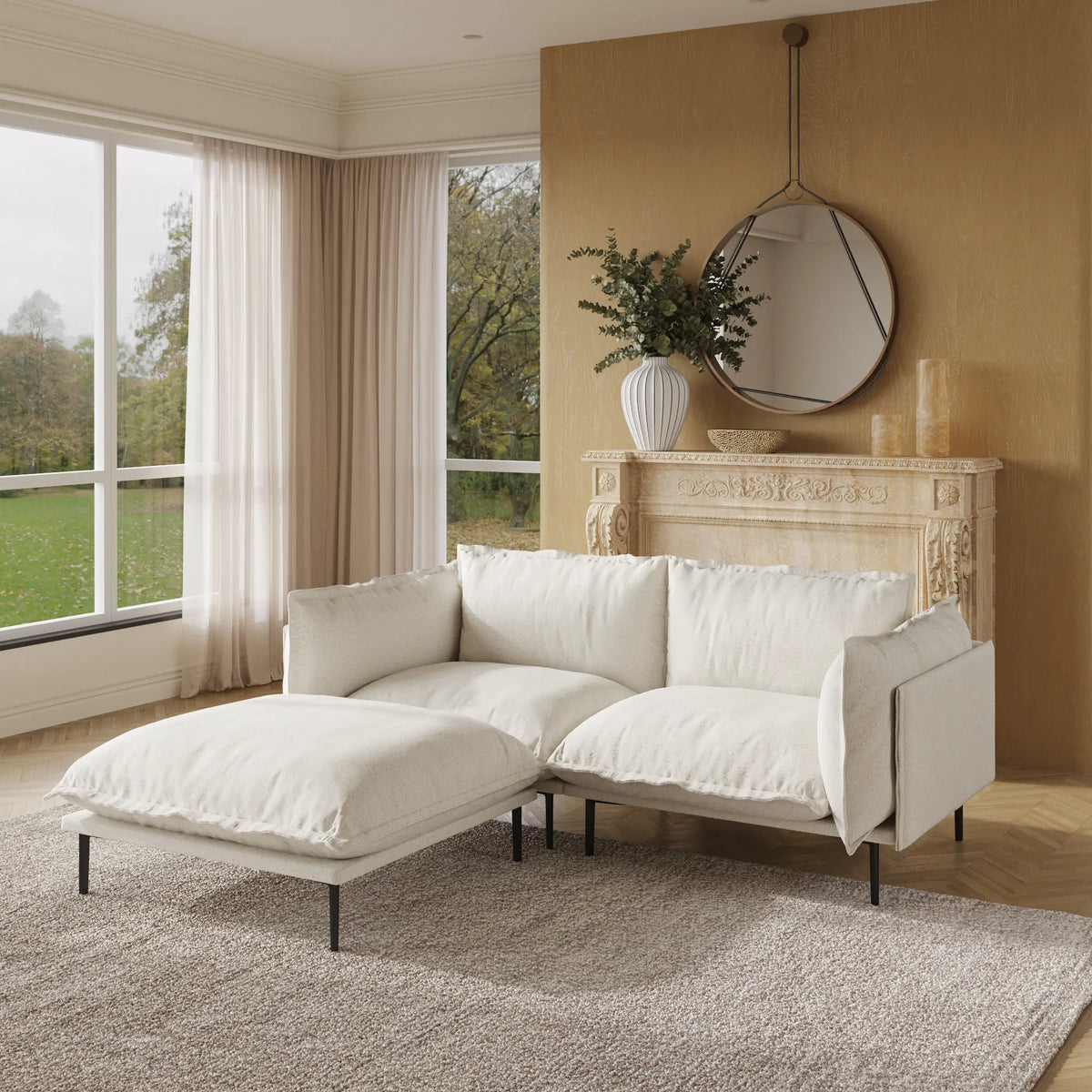 Sofá modular seccional de lujo Cloud de 2 plazas color beige con chaise longue | 3 piezas (incluye 1 otomana), tela de terciopelo, ideal para espacios pequeños.