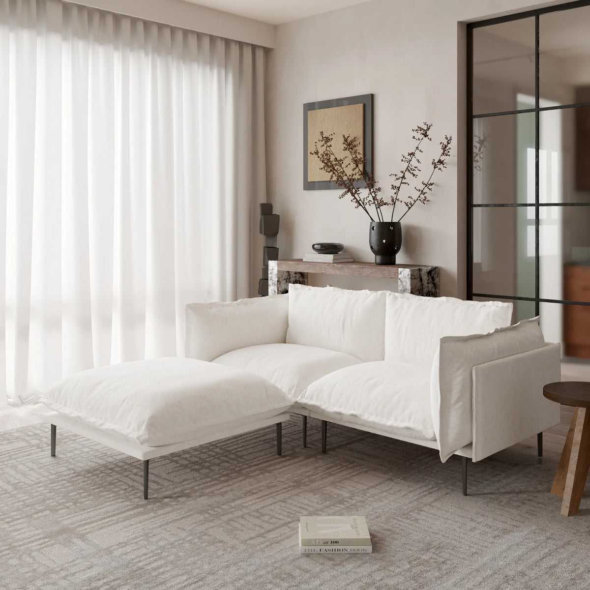 Sofá modular seccional de lujo Cloud de 2 plazas color beige con chaise longue | 3 piezas (incluye 1 otomana), tela de terciopelo, ideal para espacios pequeños.