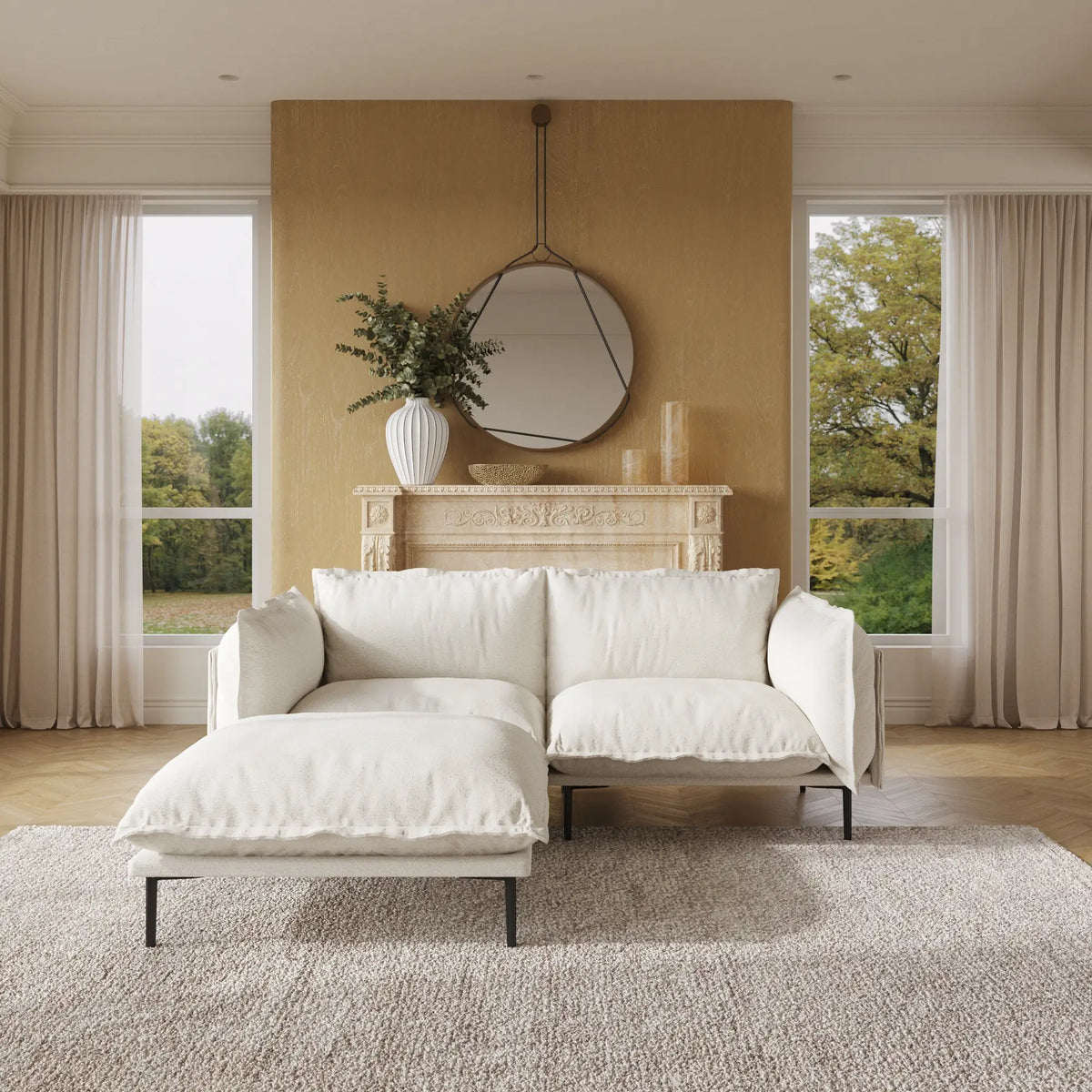 Sofá modular seccional de lujo Cloud de 2 plazas color beige con chaise longue | 3 piezas (incluye 1 otomana), tela de terciopelo, ideal para espacios pequeños.