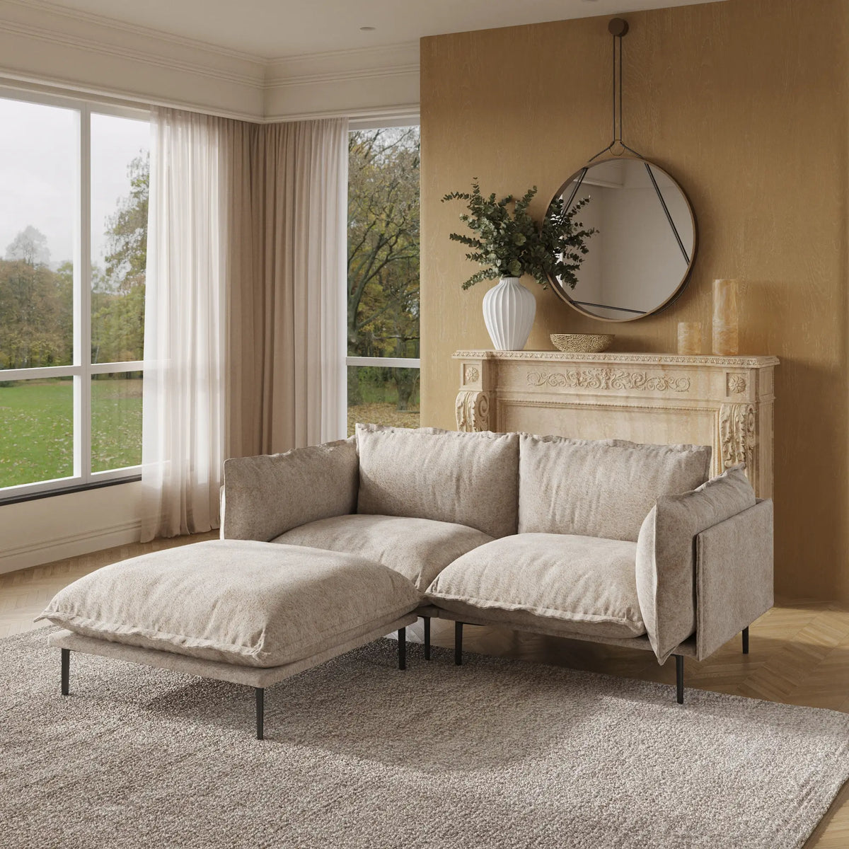 Sofá modular seccional de lujo Cloud de 2 plazas, color marrón | 3 piezas (incluye 1 otomana), tela de terciopelo, ideal para apartamentos.