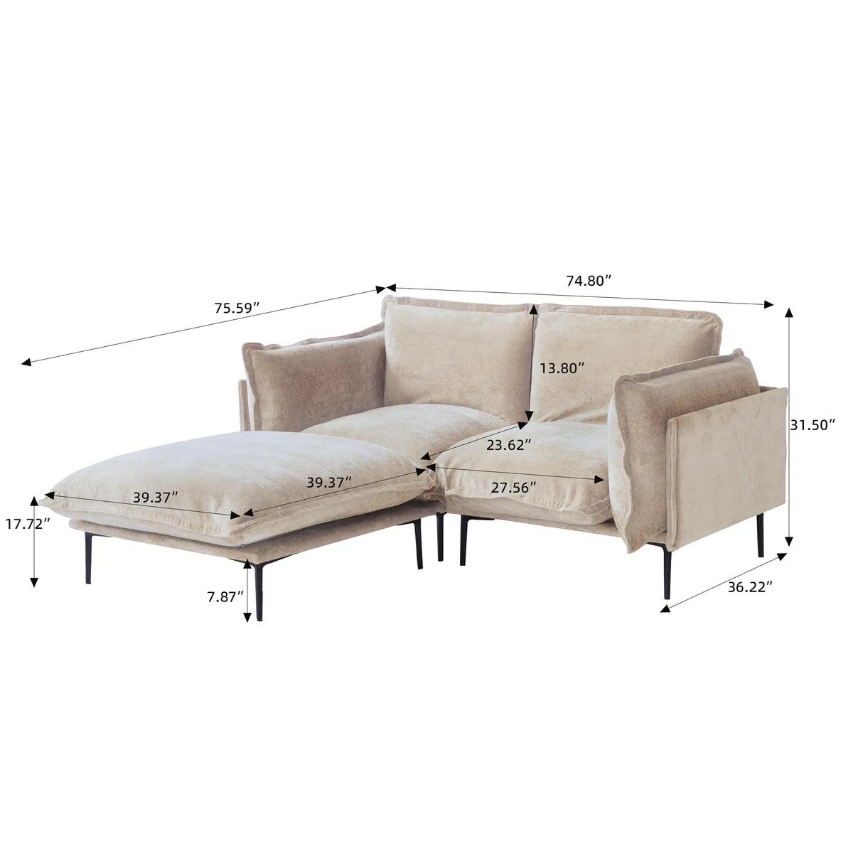 Sofá modular seccional de lujo Cloud de 2 plazas, color marrón | 3 piezas (incluye 1 otomana), tela de terciopelo, ideal para apartamentos.