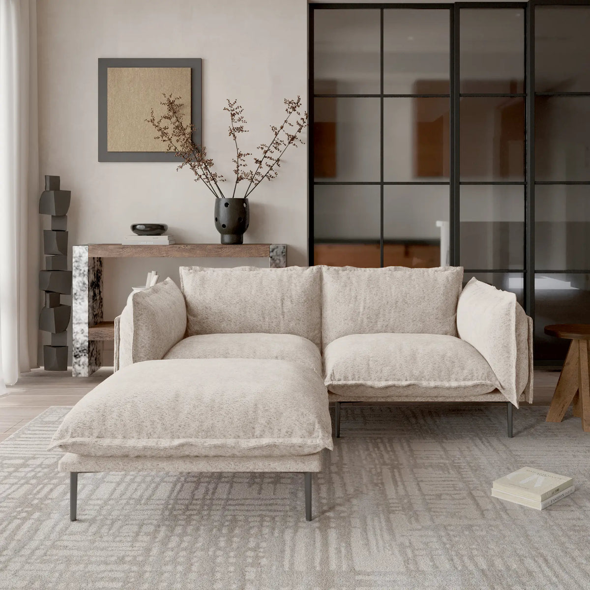 Sofá modular seccional de lujo Cloud de 2 plazas, color marrón | 3 piezas (incluye 1 otomana), tela de terciopelo, ideal para apartamentos.