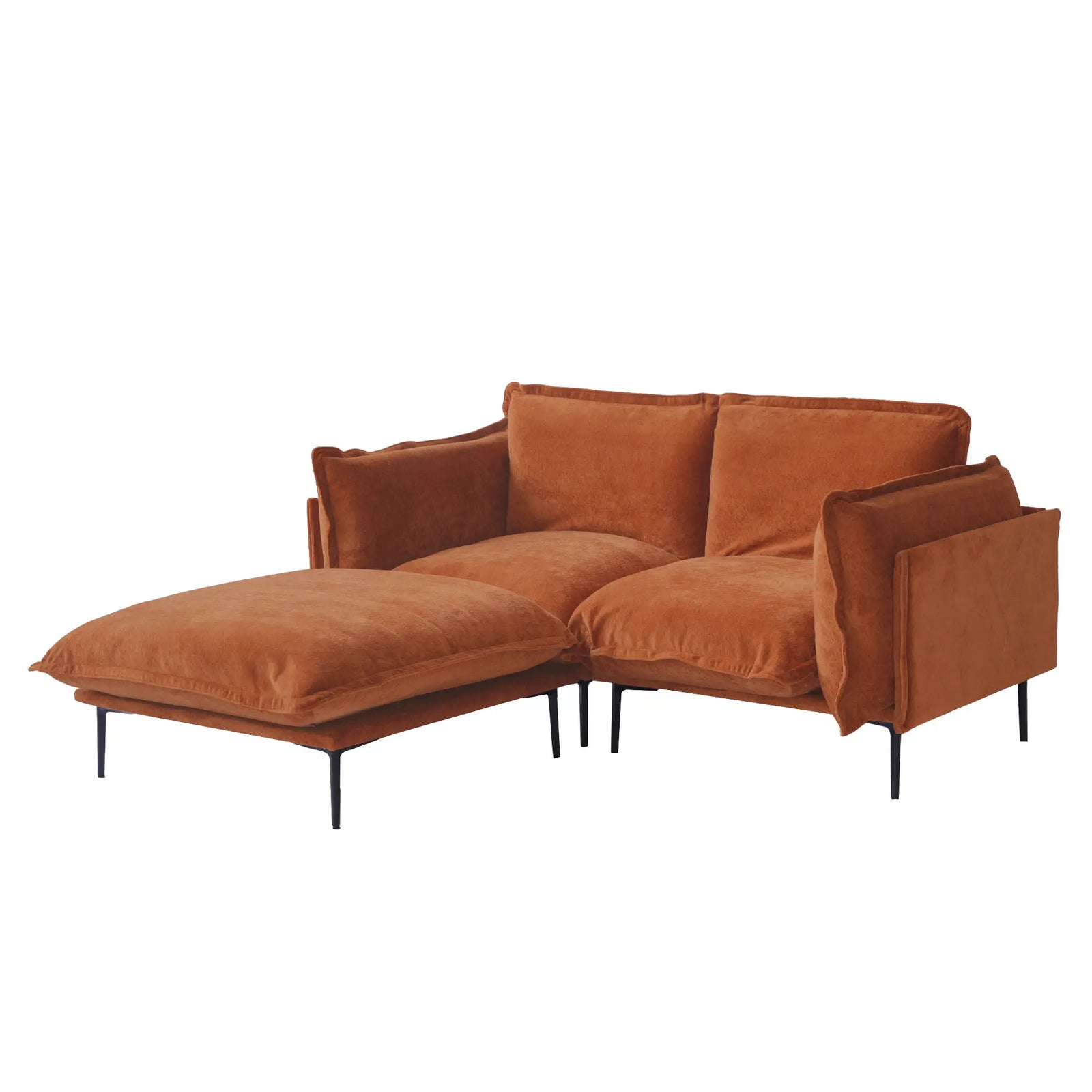 Deluxe Cloud 2-Seater Orange Modular Chaise Sectional | 3-Piece (includes 1 Ottoman), Velvet Fabric, Compact Design