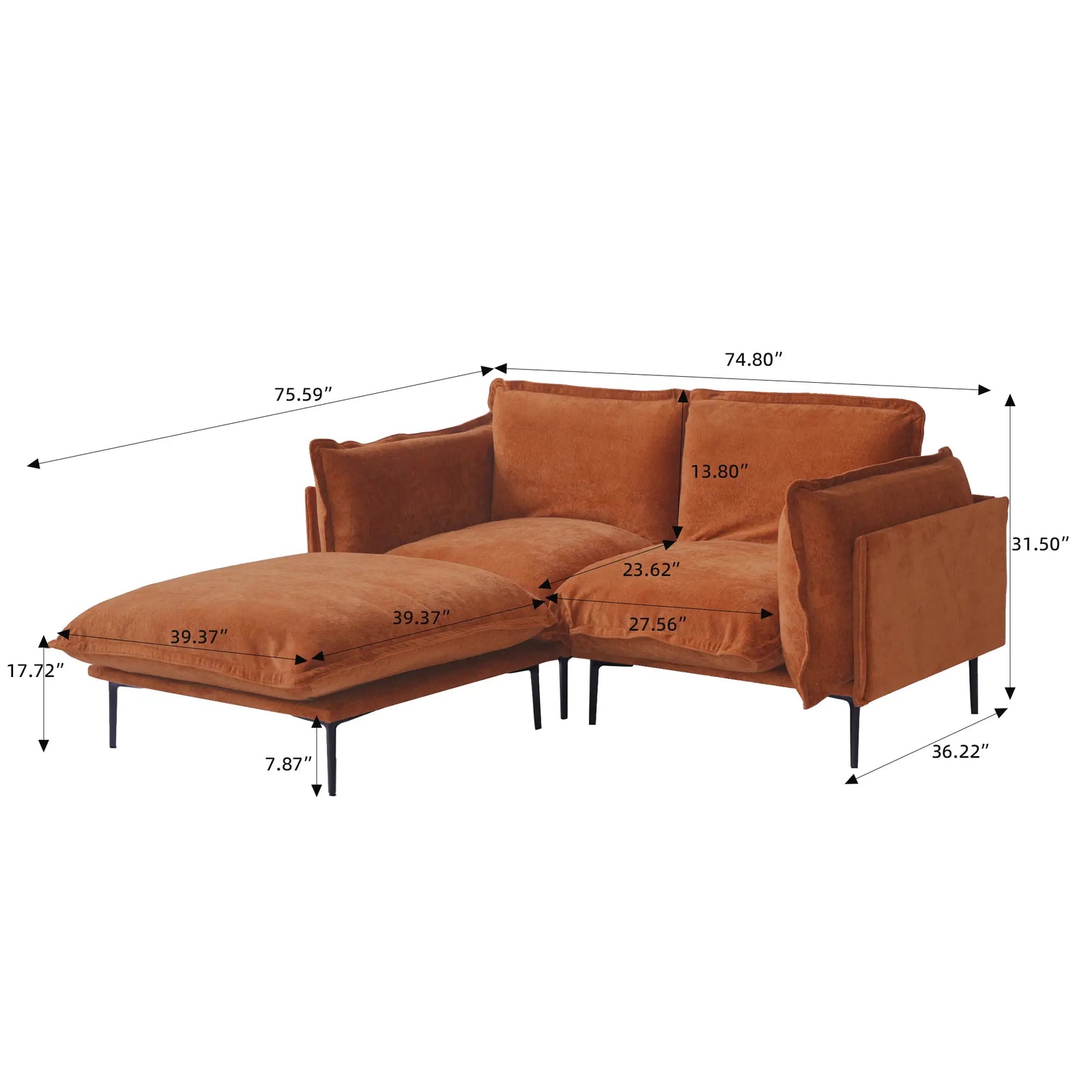 Deluxe Cloud 2-Seater Orange Modular Chaise Sectional | 3-Piece (includes 1 Ottoman), Velvet Fabric, Compact Design