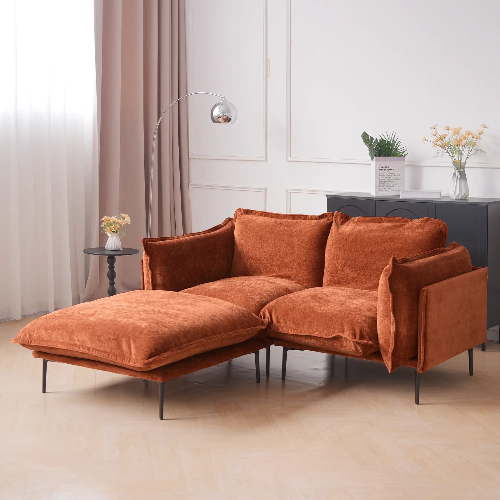 Deluxe Cloud 2-Seater Orange Modular Chaise Sectional | 3-Piece (includes 1 Ottoman), Velvet Fabric, Compact Design