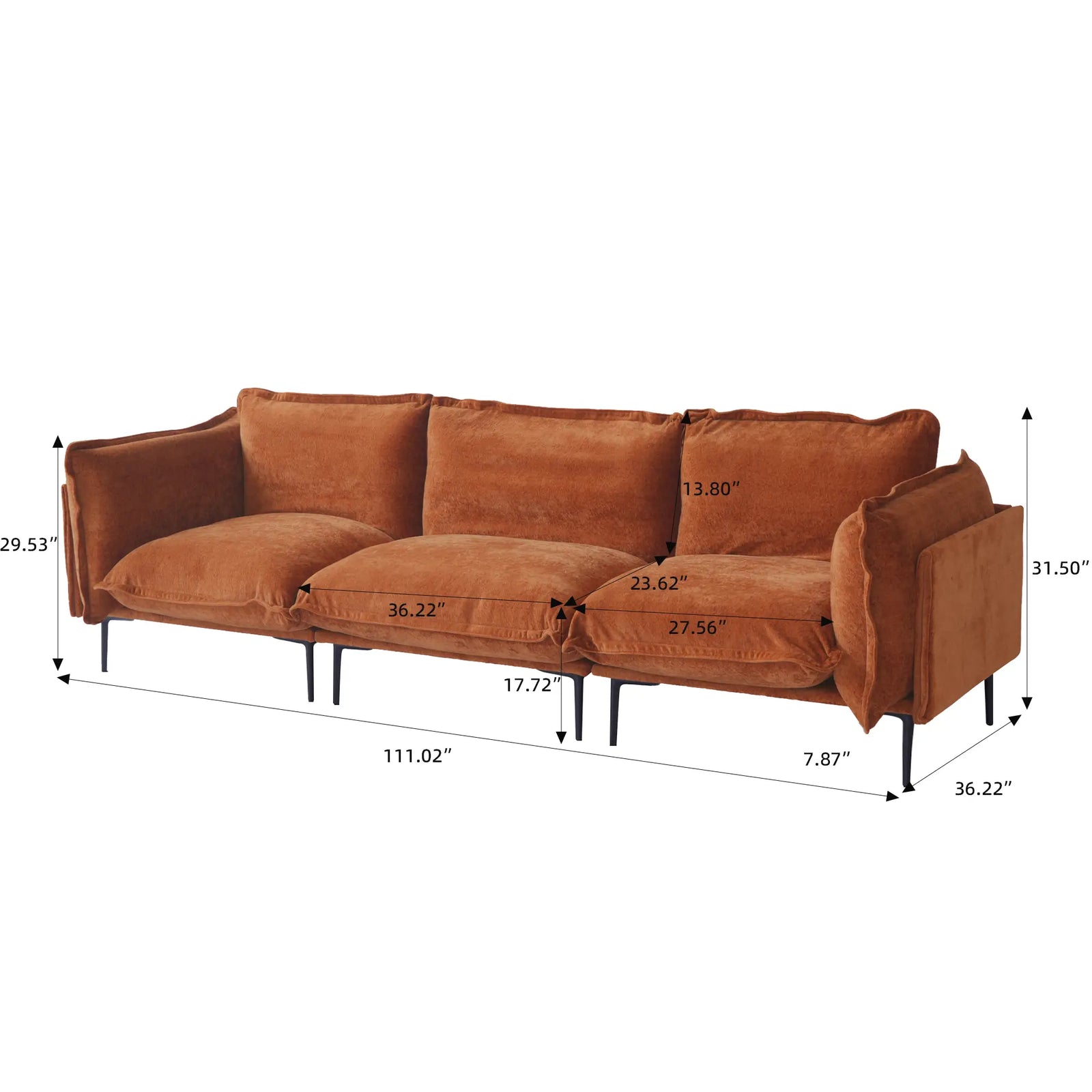 Sofá modular seccional Deluxe Cloud de 3 plazas en color naranja | 3 piezas, tela de terciopelo, diseño compacto