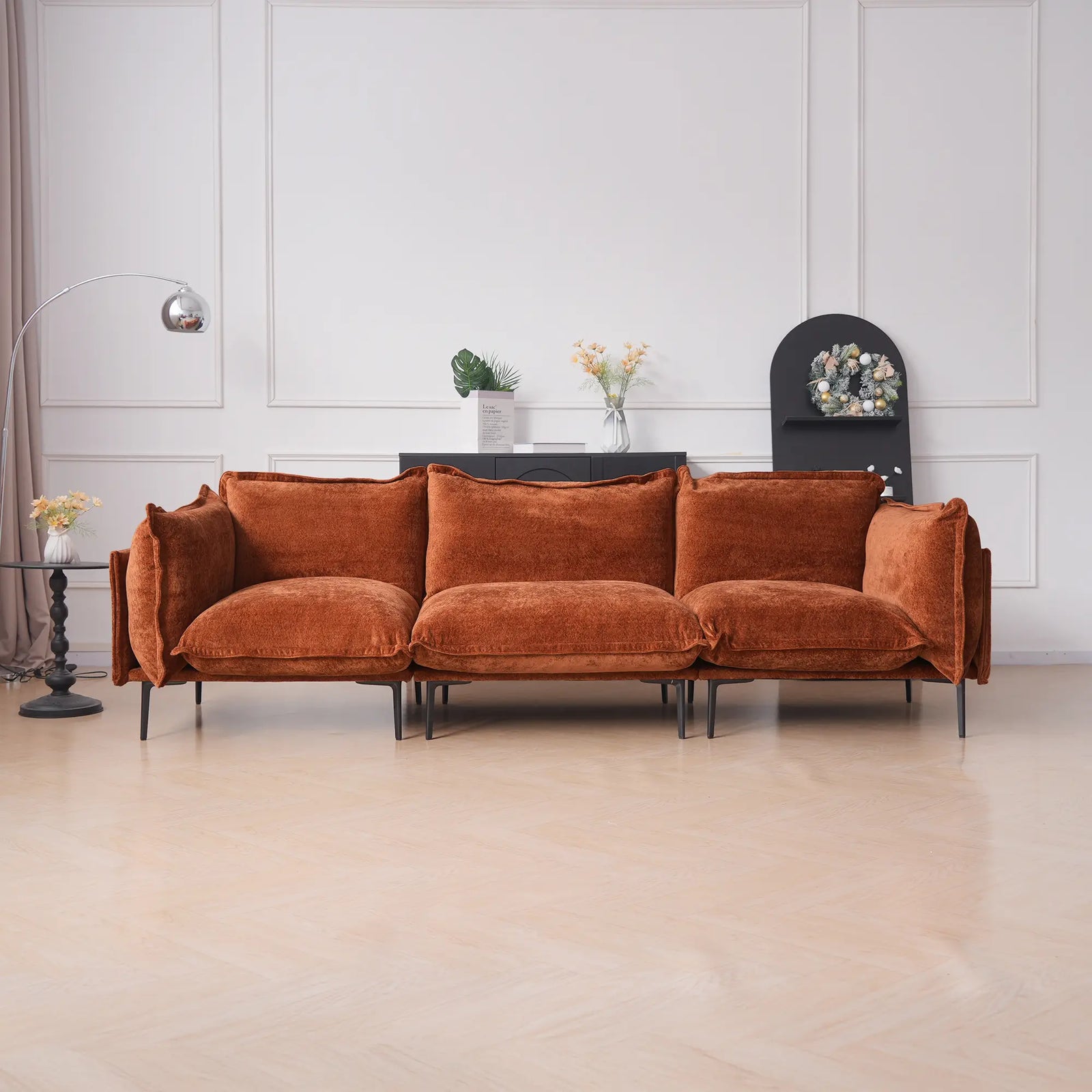Sofá modular seccional Deluxe Cloud de 3 plazas en color naranja | 3 piezas, tela de terciopelo, diseño compacto
