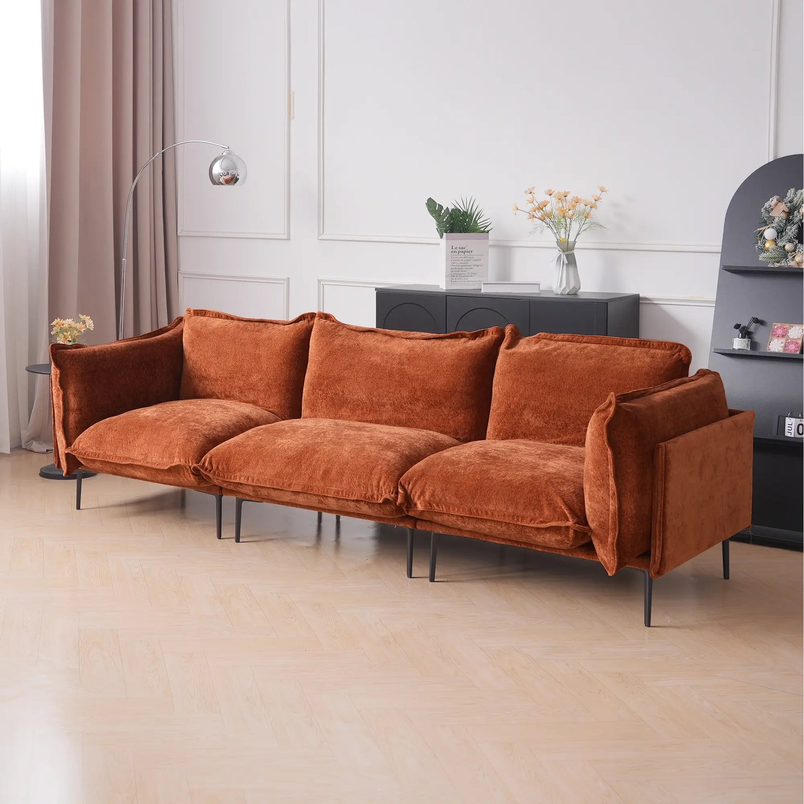 Sofá modular seccional Deluxe Cloud de 3 plazas en color naranja | 3 piezas, tela de terciopelo, diseño compacto