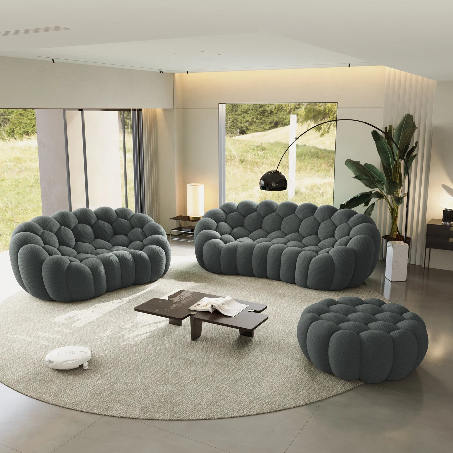 Sofás Essential Arc Boneless | Conjunto de sofás grises de 3 piezas con tejido de punto 3D de 5 plazas y 1 otomana