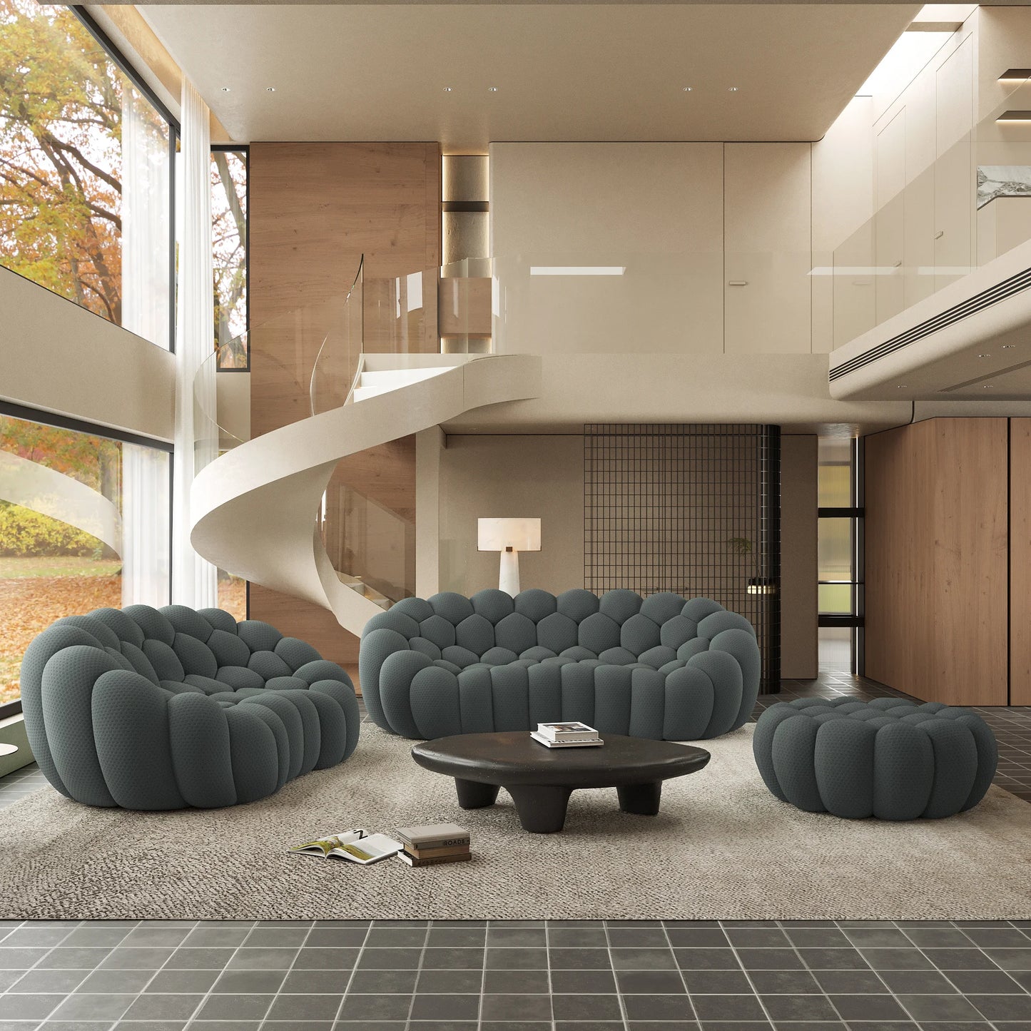 Sofás Essential Arc Boneless | Conjunto de sofás grises de 3 piezas con tejido de punto 3D de 5 plazas y 1 otomana