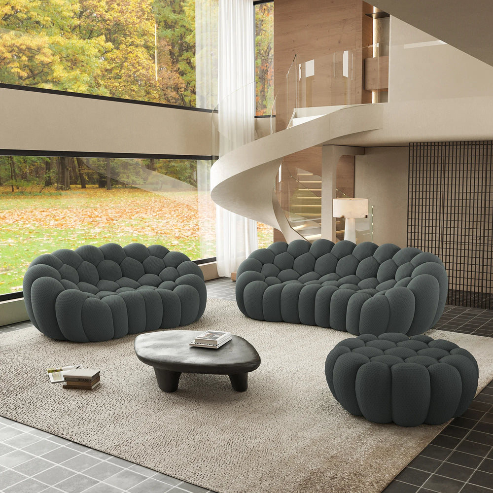 Sofás Essential Arc Boneless | Conjunto de sofás grises de 3 piezas con tejido de punto 3D de 5 plazas y 1 otomana