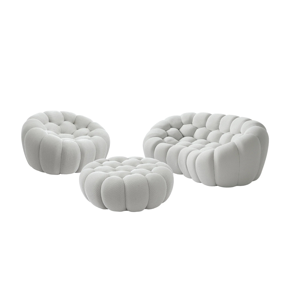 Sofás Essential Arc Boneless | Conjunto de sofás de 3 piezas en tejido de punto 3D gris claro, 3 plazas y 1 otomana