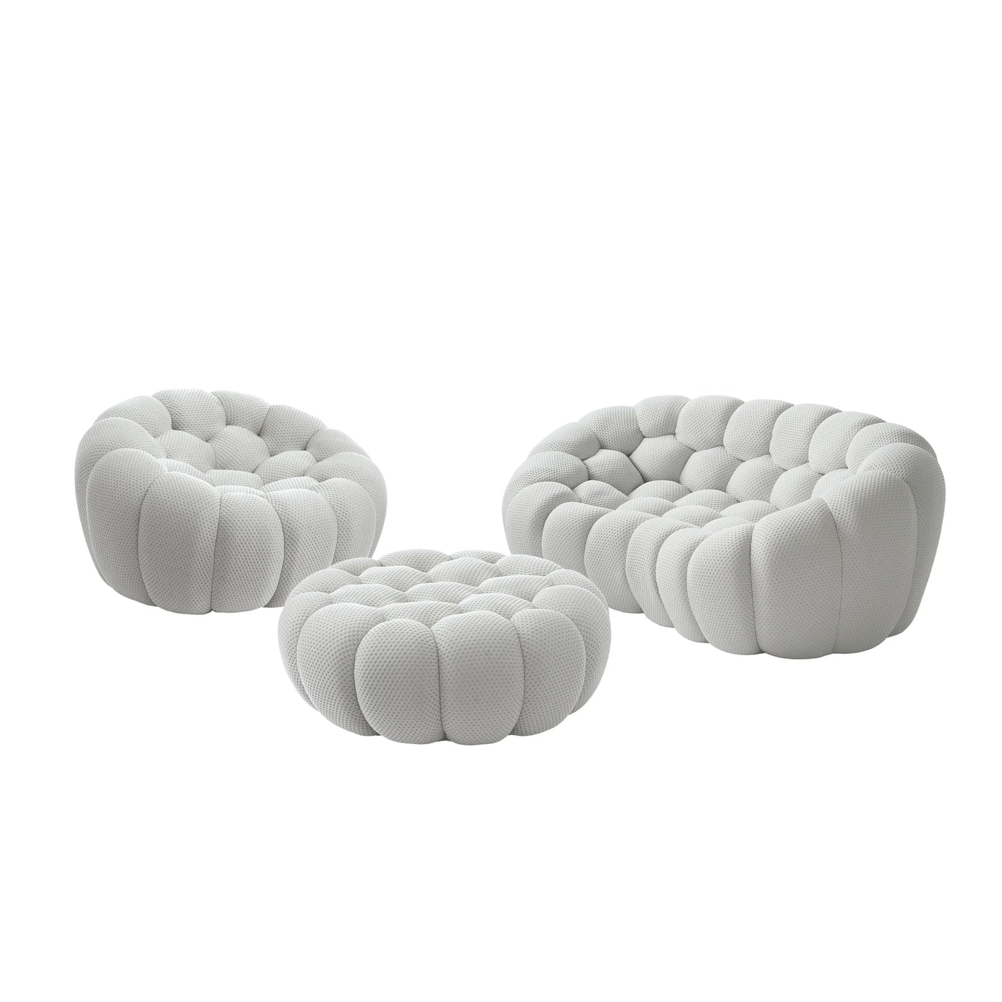 Sofás Essential Arc Boneless | Conjunto de sofás de 3 piezas en tejido de punto 3D gris claro, 3 plazas y 1 otomana