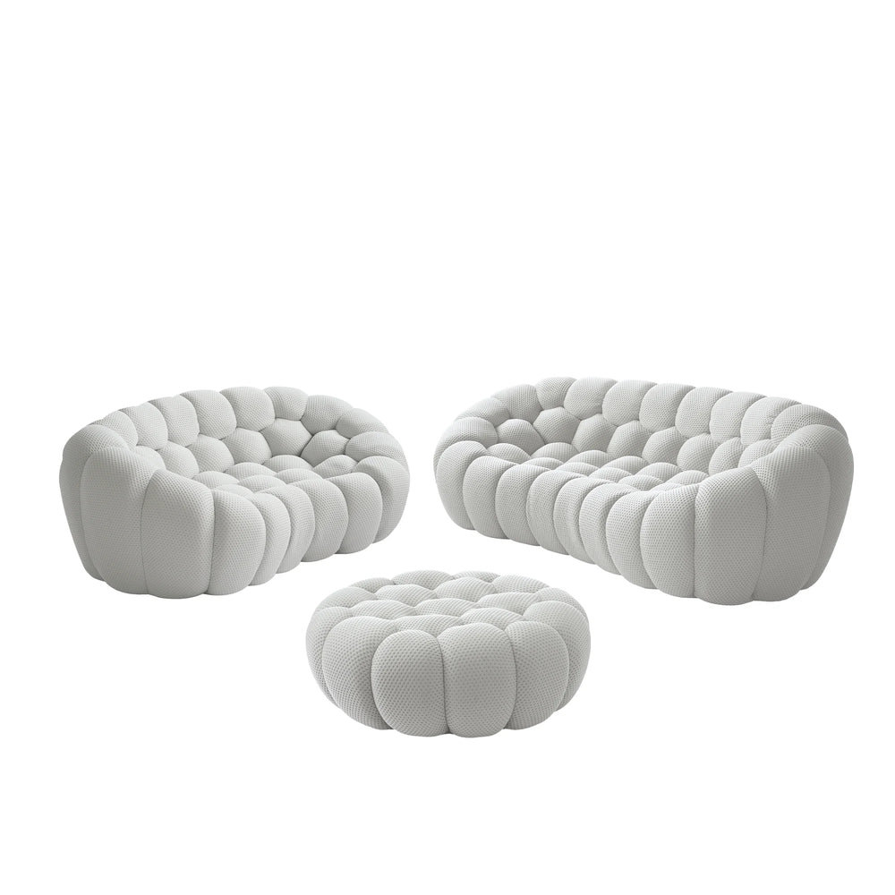 Sofás Essential Arc Boneless | Conjunto de sofás de 3 piezas en tejido de punto 3D gris claro de 5 plazas con 1 otomana