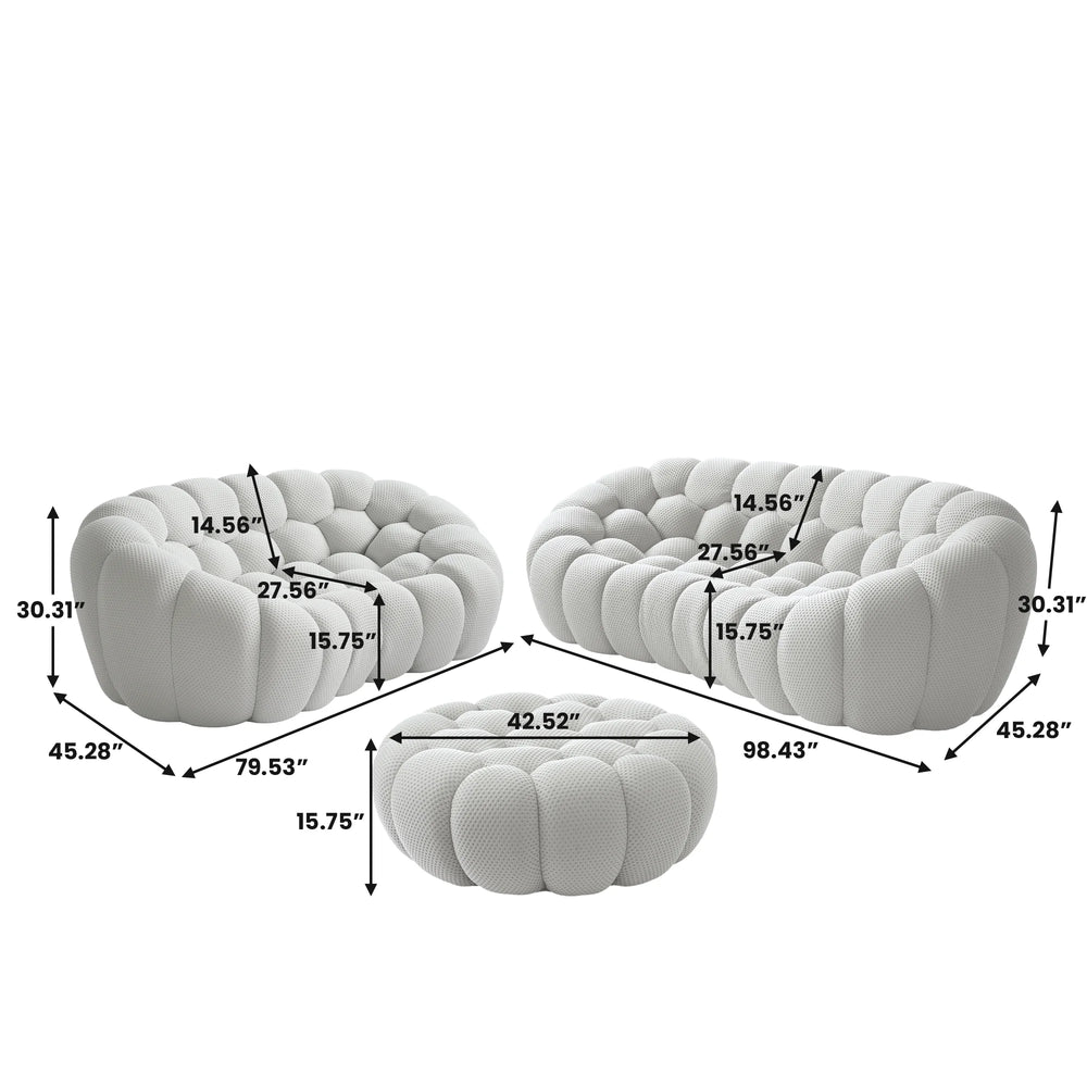 Sofás Essential Arc Boneless | Conjunto de sofás de 3 piezas en tejido de punto 3D gris claro de 5 plazas con 1 otomana