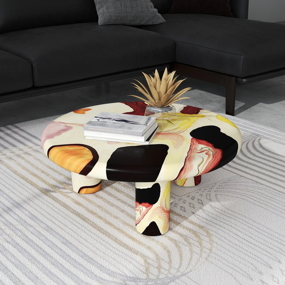Aura Wood Coffee Table | 31" Multicolored Round With 3 Legs