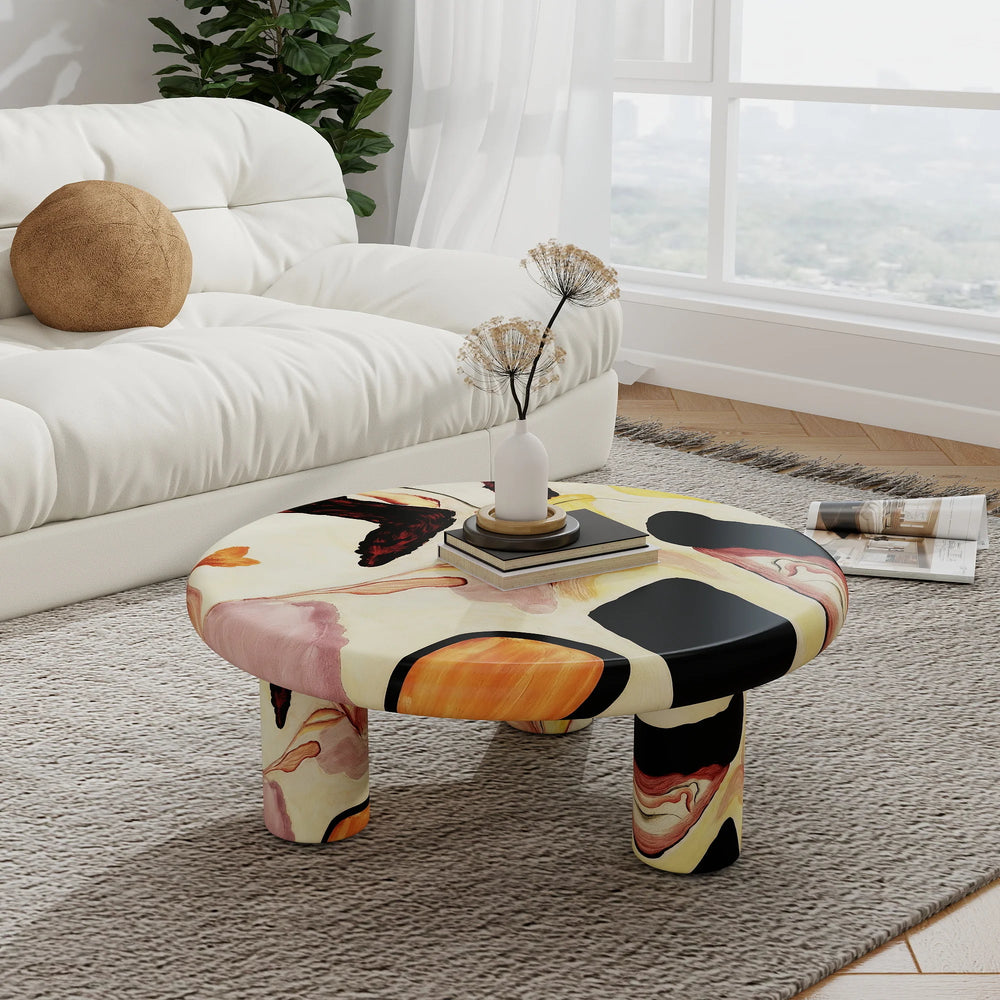 Aura Wood Coffee Table | 31" Multicolored Round With 3 Legs