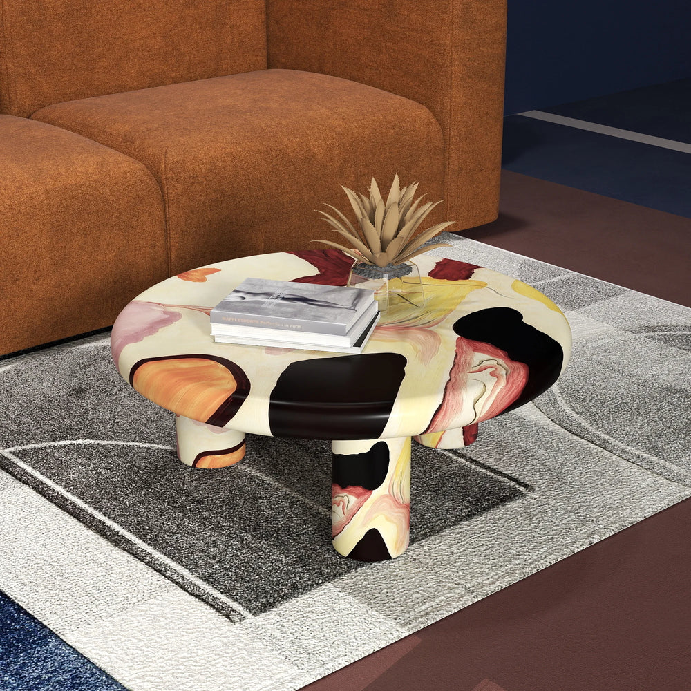 Aura Wood Coffee Table | 31" Multicolored Round With 3 Legs