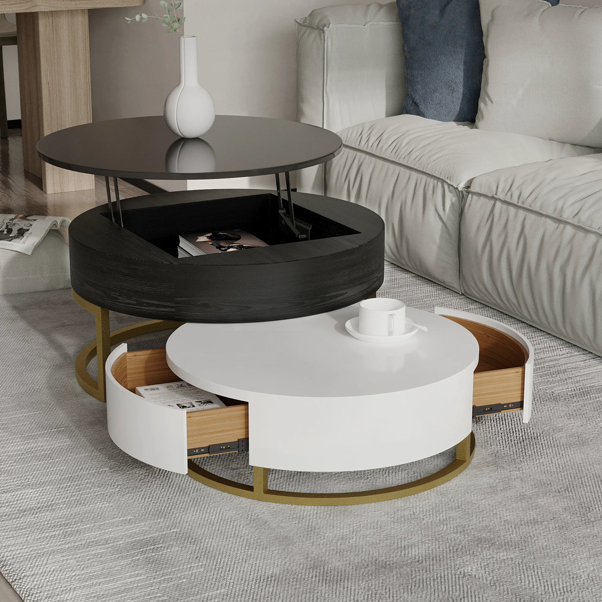 Aura Wood Coffee Table | 32" Black Round With Nesting