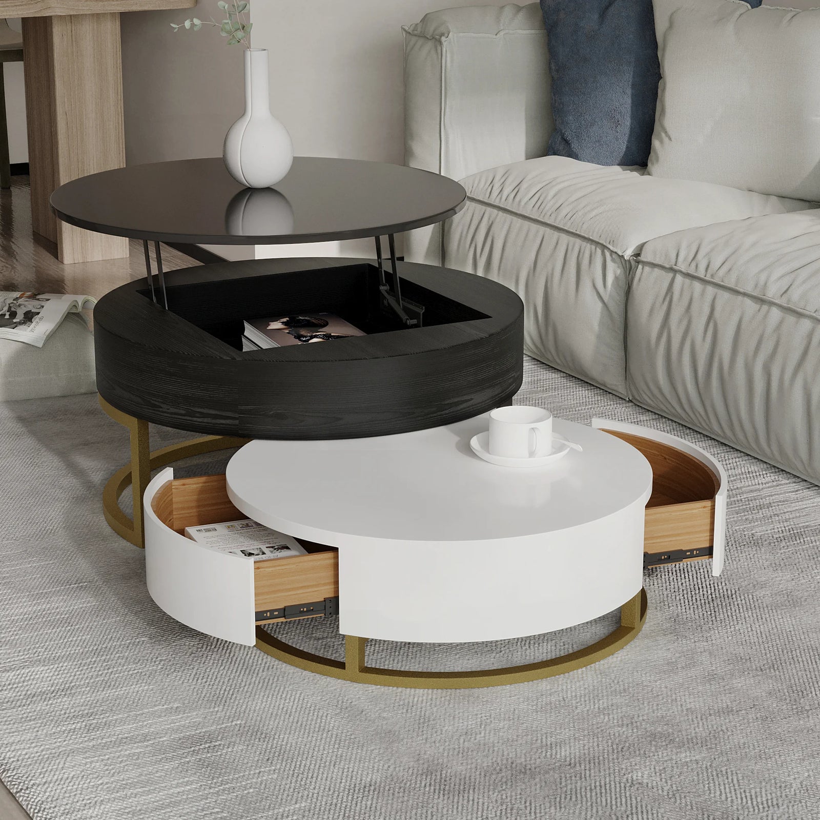 Aura Wood Coffee Table | 32" Black Round With Nesting