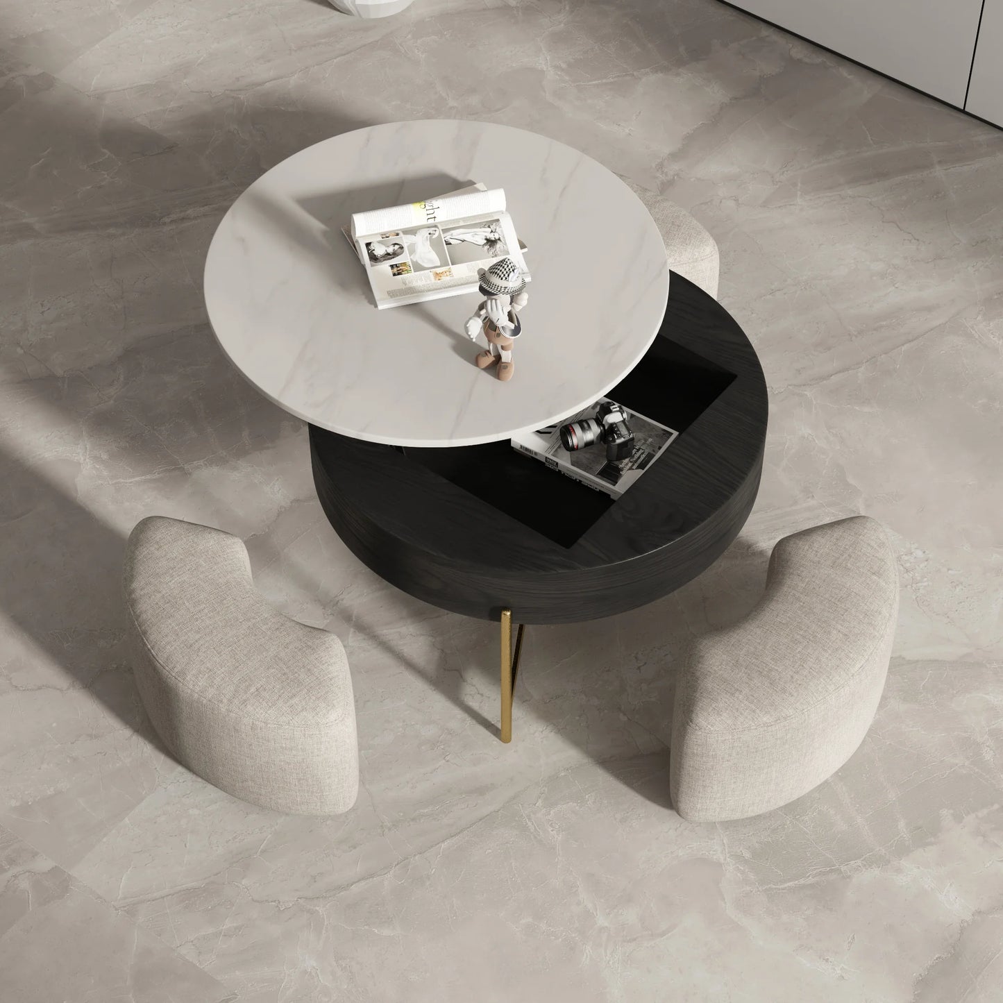 Aero Sintered Stone Coffee Table | 32" Monochrome Round With 3 Stools