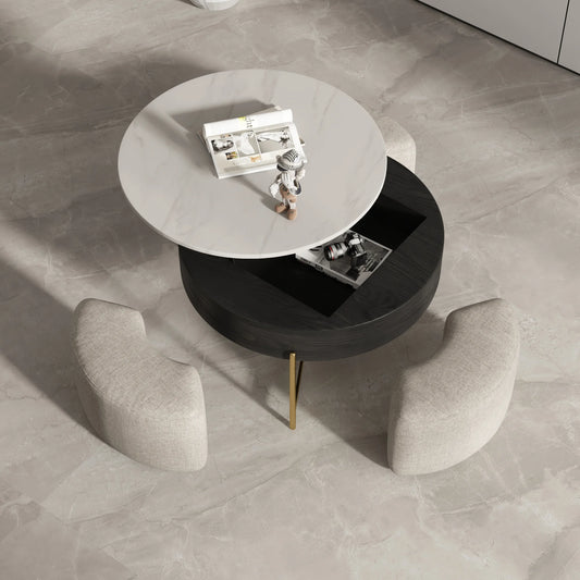 Aero Sintered Stone Coffee Table | 32" Monochrome Round With 3 Stools