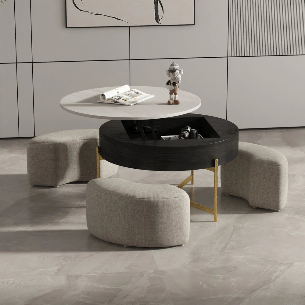Aero Sintered Stone Coffee Table | 32" Monochrome Round With 3 Stools