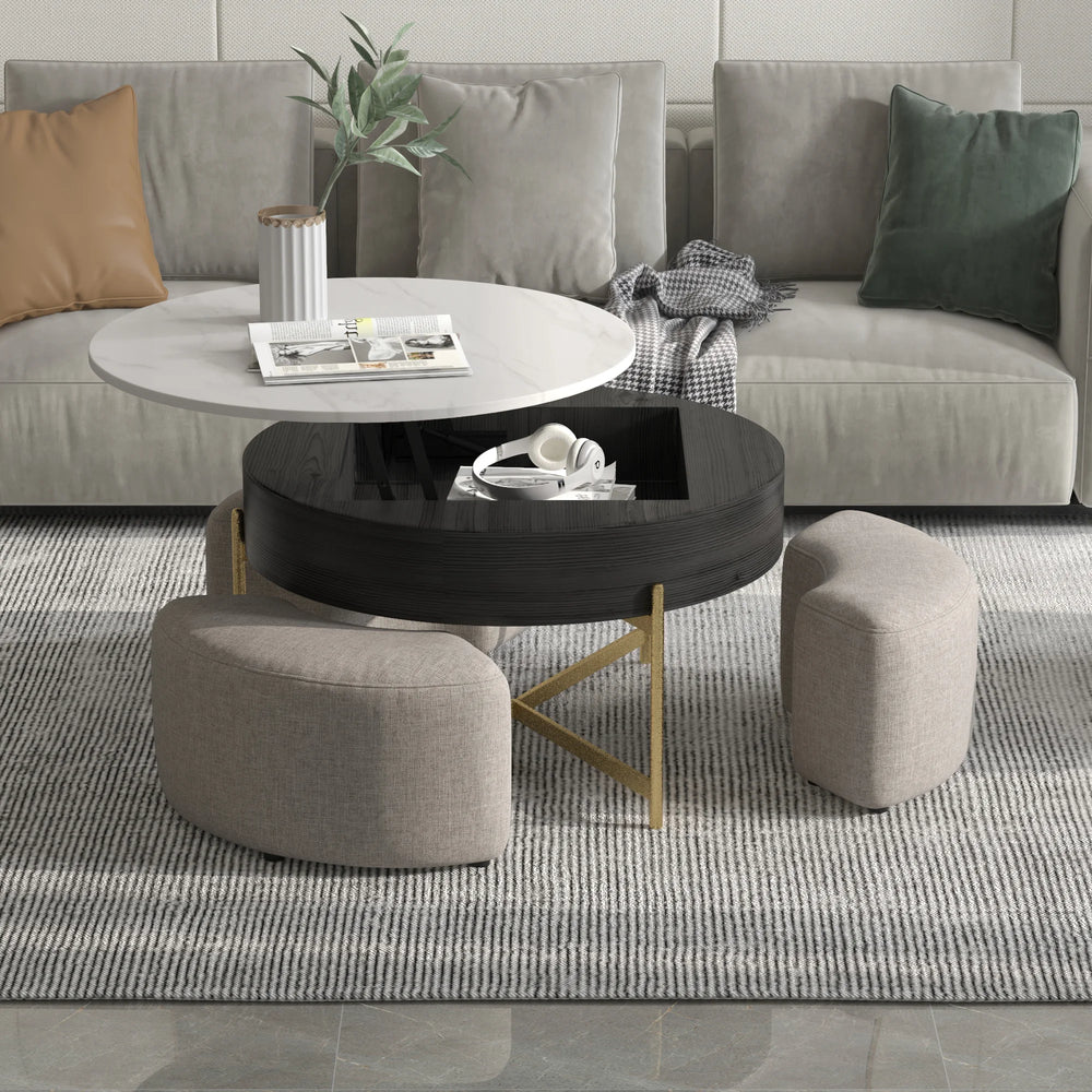 Aero Sintered Stone Coffee Table | 32" Monochrome Round With 3 Stools